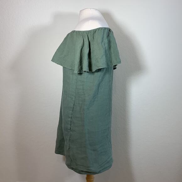 The Impeccable Pig Off the Shoulder Mint/Seafoam Linen Ruffle Dress Women Small - Picture 3 of 6